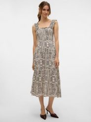 Vero Moda Sukienka w kolorze beżowym rozmiar: XS. Brązowe sukienki Vero Moda, na imprezę, s, bez wzorów, z wiskozy, klasyczne, bez kołnierzyka, bez ramiączek, midi. Za 83.62 zł.
