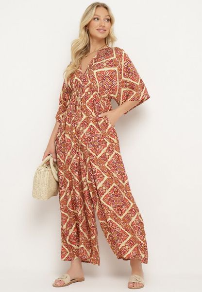 Różowo-Żółty Kombinezon Boho z Gumką w Talii Wiązany na Plecach z Szerokimi Nogawkami Rodolia. Czerwone sukienki Born2be, na co dzień, na lato, uniwersalny, bez wzorów, boho, bez kołnierzyka, bez ramiączek, mini, dopasowane. Za 89.99 zł.