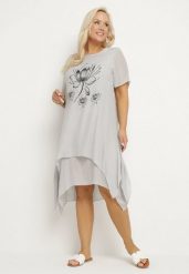 Jasnoszara Sukienka z Bawełny i kwiatowym Motywem Vareldi. Szare sukienki Born2be, na co dzień, na lato, xl, z aplikacjami, z bawełny, eleganckie, bez kołnierzyka, bez ramiączek, midi, proste. Za 59.99 zł.