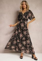 Czarno-Różowa Sukienka Kopertowa z Krótkim Rękawem Wiązana z Tyłu z Gumką w Talii Cristola. Czarne sukienki Renee, l, bez wzorów, eleganckie, bez kołnierzyka, bez ramiączek, maxi, kopertowe. Za 109.99 zł.