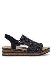 Rieker Sandały 62941-00 Czarny. Czarne sandały Rieker, bez wzorów, z materiału, bez obcasa, na koturnie, bez zapięcia. Za 259.99 zł.