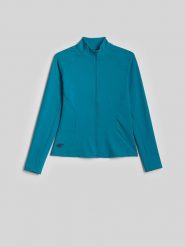 4F Bluza treningowa slim bez kaptura damska - turkusowa XS. Niebieskie bluzy 4f, l, bez wzorów, z materiału, bez kaptura. Za 179.99 zł.