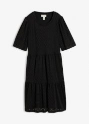 Sukienka T-shirtowa w ażurowy wzór z krepy strukturalnej. Czarne sukienki bonprix, w ażurowe wzory, bez kołnierzyka, bez ramiączek. Za 129.99 zł.