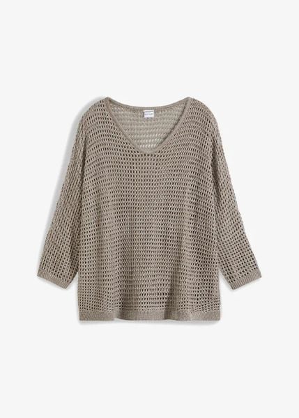Sweter ażurowy z mieszanki wiskozy. Brązowe swetry bonprix, w ażurowe wzory, z wiskozy, bez ramiączek. Za 99.99 zł.