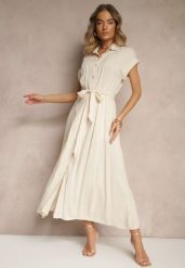 Beżowa Koszulowa Sukienka z Wiskozy z Paskiem Rinaira. Brązowe sukienki Renee, na co dzień, l, bez wzorów, z materiału, eleganckie, bez kołnierzyka, bez ramiączek, maxi, koszulowe. Za 99.99 zł.