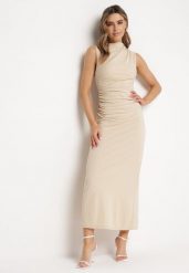 Beżowa Dopasowana Sukienka Bodycon z Dekoracyjnym Marszczeniem Bez Rękawów Tykena. Brązowe sukienki Born2be, na imprezę, m, bez wzorów, wizytowe, bez kołnierzyka, bez ramiączek, maxi, bodycon. Za 99.99 zł.