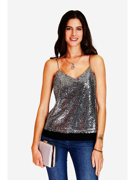 ASSUILI Top cekinowy w kolorze czarno-srebrnym rozmiar: 34. Czarne topy Assuili, bez wzorów, bez kołnierzyka, bez ramiączek. Za 112.45 zł.