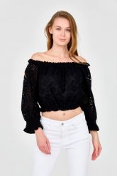 GUESS Damski czarny crop top, Rozmiar M. Czarne topy Guess, m, z aplikacjami, bez kołnierzyka, bez ramiączek. W wyprzedaży za 339.99 zł.