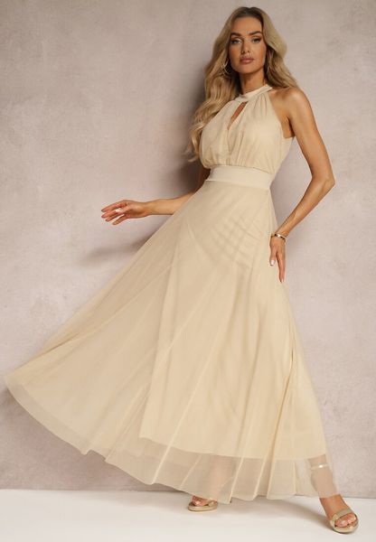 Beżowa Sukienka Koktajlowa z Siateczką Wiązana Materiałowym Paskiem ze Stójką Nestassi. Brązowe sukienki Renee, m, bez wzorów, z materiału, wizytowe, bez kołnierzyka, bez ramiączek, maxi, kopertowe. Za 99.99 zł.