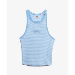 Tank top w paski z plecami w stylu sportowym i logo dla kobiet Superdry Essentia. Niebieskie koszulki sportowe Superdry, bez wzorów, bez ramiączek. Za 96.60 zł.