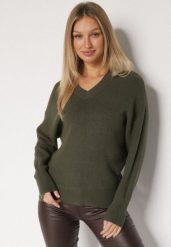 Ciemnozielony Sweter z Domieszką Kaszmiru z Dekoltem w Serek Feralaine. Zielone swetry Born2be, bez wzorów, z jeansu, bez ramiączek. Za 109.99 zł.