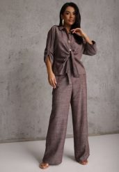 Brązowy Komplet z Wiskozą Bawełną i Lnem Wiązana Koszula i Szerokie Spodnie Ravisela. Brązowe koszule Renee, l, bez wzorów, z bawełny, bez kołnierzyka, bez ramiączek. Za 219.99 zł.