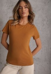 Brązowy T-shirt z Bawełny z Okrągłym Dekoltem Nedima. Brązowe t-shirty Renee, m, bez wzorów, z bawełny, bez kołnierzyka, bez ramiączek. Za 39.99 zł.