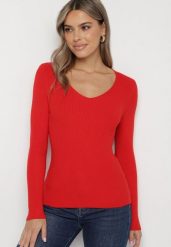 Czerwony Sweter Prążkowany z Trójkątnym Dekoltem Vorila. Czerwone swetry Born2be, s, bez wzorów, prążkowane, bez ramiączek. Za 39.99 zł.