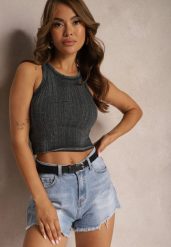Ciemnoszary Casualowy Top z Bawełny Wykończony Przetarciami Tiamanila. Szare topy Renee, l, bez wzorów, z bawełny, bez kołnierzyka, bez ramiączek. Za 49.99 zł.