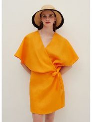 STEFANEL Sukienka w kolorze musztardowym rozmiar: 40. Pomarańczowe sukienki Stefanel, bez wzorów, ze lnu, bez kołnierzyka, bez ramiączek, mini, rozkloszowane. Za 304.99 zł.