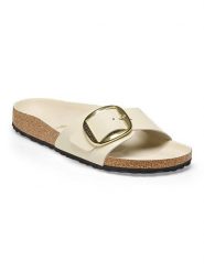 Birkenstock Skórzane klapki "Madrid" w kolorze kremowym rozmiar: 36. Brązowe klapki Birkenstock, bez wzorów, z otwartym noskiem, bez obcasa. Za 365.42 zł.