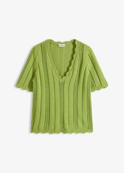 Koszulka z dzianiny z głębokim dekoltem. Zielone bluzki bonprix, bez wzorów, z dzianiny, eleganckie, bez kołnierzyka, bez ramiączek. Za 54.99 zł.