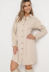 Beżowa Luźna Sukienka Koszulowa Momessa. Brązowe sukienki Born2be, l, bez wzorów, bez kołnierzyka, bez ramiączek, mini, koszulowe. Za 129.99 zł.