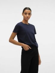 Vero Moda Koszulka "Paula" w kolorze granatowym rozmiar: L. Niebieskie bluzki Vero Moda, l, bez wzorów, z bawełny, bez kołnierzyka, bez ramiączek. Za 33.99 zł.
