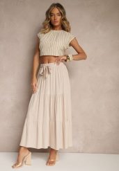 Beżowa SRozkloszowana Spódnica Maxi z Wiskozy z Materiałowymi Paskami Wintelis. Brązowe spódnice Renee, na co dzień, na lato, l, bez wzorów, z materiału, eleganckie, maxi, dopasowane. Za 49.99 zł.