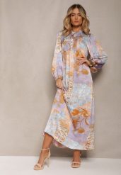 Niebiesko-Fioletowa Długa Sukienka z Szerokimi Rękawami z Gumką i Ozdobnym Marszczeniem Tamiafe. Niebieskie sukienki Renee, na co dzień, m, bez wzorów, z zamszu, boho, bez kołnierzyka, bez ramiączek, maxi, proste. Za 139.99 zł.