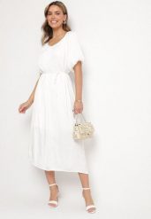 Biała Sukienka Pudełkowa z Dekoltem Łódką Wiązana w Talii Sonaliris. Białe sukienki Born2be, na co dzień, na lato, l, bez wzorów, z materiału, eleganckie, bez kołnierzyka, bez ramiączek, proste. Za 119.99 zł.