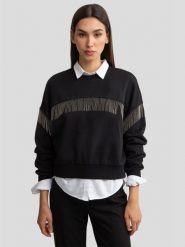 Bluza damska z frędzlami czarna Frola 906. Czarne bluzy Big Star, na jesień, l, bez wzorów, z bawełny, bez kaptura. W wyprzedaży za 139.99 zł.