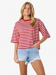 Noisy may Koszulka "Ember" w kolorze czerwono-białym rozmiar: M. Czerwone bluzki Noisy may, m, bez wzorów, z bawełny, bez kołnierzyka, bez ramiączek. Za 83.62 zł.