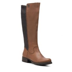 Kozaki Rieker. Brązowe kozaki Rieker, bez obcasa, na słupku, bez zapięcia. Za 309.99 zł.