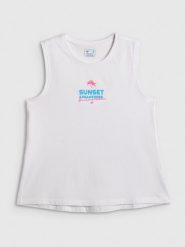 4F Top regular z nadrukiem damski - biały S. Białe topy 4f, s, bez wzorów, z bawełny, bez kołnierzyka, bez ramiączek. Za 49.99 zł.