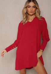 Bordowa Pudełkowa Sukienka z Rozkloszowanym Dołem i Bufiastymi Rękawami Kaimana. Czerwone sukienki Renee, na imprezę, bez wzorów, eleganckie, bez kołnierzyka, bez ramiączek, mini, rozkloszowane. Za 64.99 zł.