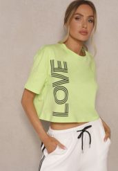 Zielony T-shirt z Bawełny o Krótkim Kroju Ozdobiony Napisem Sannovia. Zielone t-shirty Renee, m, bez wzorów, z bawełny, bez kołnierzyka, bez ramiączek. Za 39.99 zł.