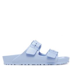 Klapki Birkenstock. Niebieskie klapki Birkenstock, bez wzorów, bez obcasa. Za 269.99 zł.