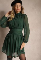 Zielona Rozkloszowana Sukienka z Półprzeźroczystymi Wstawkami i Stójką Gelabine. Zielone sukienki Renee, na co dzień, l, bez wzorów, eleganckie, bez kołnierzyka, bez ramiączek, mini, proste. Za 119.99 zł.