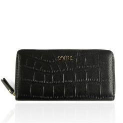 Duży skórzany portfel damski Solier SW52 czarny. Czarne portfele bez wzorów, ze skóry. Za 89.00 zł.