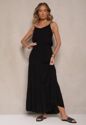 Czarna Rozkloszowana Sukienka z Wiskozy na Ramiączkach Flesira. Czarne sukienki Renee, na co dzień, na lato, l, bez wzorów, z wiskozy, eleganckie, bez kołnierzyka, bez ramiączek, maxi, dopasowane. Za 74.99 zł.