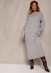 Szara Pudełkowa Sukienka z Dzianiny z Wiskozą Maziala. Szare sukienki Renee, na co dzień, bez wzorów, z dzianiny, eleganckie, bez kołnierzyka, bez ramiączek, midi. Za 119.99 zł.