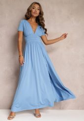 Jasnoniebieska Sukienka Maxi z Rozkloszowanym Dołem i Rozcięciem Zarya. Niebieskie sukienki Renee, l, bez wzorów, bez kołnierzyka, bez ramiączek, maxi, rozkloszowane. Za 129.99 zł.