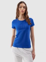 4F T-shirt slim z nadrukiem damski - niebieski S. Niebieskie t-shirty 4f, s, bez wzorów, z bawełny, bez kołnierzyka, bez ramiączek. W wyprzedaży za 39.99 zł.