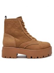 Guess Botki Vaina FLTSLR LEM10 Brązowy. Brązowe botki Guess, z aplikacjami, ze skóry, bez obcasa, na płaskiej podeszwie, bez zapięcia. Za 799.99 zł.