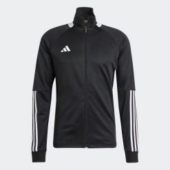Bluza treningowa do piłki nożnej ADIDAS Sereno. Czarne bluzy Adidas, l, bez wzorów, z dresówki, bez kaptura. W wyprzedaży za 169.99 zł.