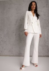 Biały Komplet o Garniturowym Kroju z Marynarką z Wiązaniem i Spodniami Falestra. Białe marynarki i żakiety Renee, m, bez wzorów, casualowe. Za 219.99 zł.