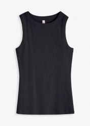 Top w prążek z czystej bawełny organicznej. Czarne topy bonprix, bez wzorów, z bawełny, bez kołnierzyka, bez ramiączek. Za 37.99 zł.