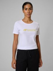 4F T-shirt slim z nadrukiem damski - biały S. Białe t-shirty 4f, l, bez wzorów, z materiału, bez kołnierzyka, bez ramiączek. Za 59.99 zł.