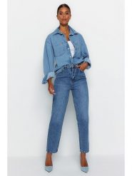 Trendyol Dżinsy - Tapered fit - w kolorze niebieskim rozmiar: 36. Niebieskie jeansy Trendyol, bez wzorów, z podwyższonym stanem. Za 118.84 zł.