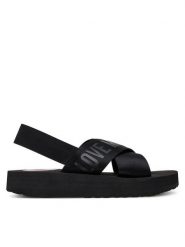 LOVE MOSCHINO Sandały JA16214G0MIX4000 Czarny. Czarne sandały Love Moschino, bez wzorów, z materiału, bez obcasa, na płaskiej podeszwie, bez zapięcia. Za 609.99 zł.