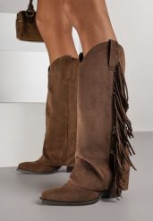 Brązowe Kozaki Kowbojki na Obcasie z Wywiniętą Cholewką z Frędzlami Monasatia. Brązowe kozaki Born2be, z dzianiny, bez obcasa, na obcasie, bez zapięcia. Za 179.99 zł.