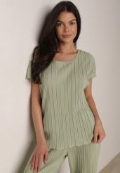 Zielona Bluzka na Krótki Rękaw z Plisowanej Tkaniny Undirea. Zielone bluzki Born2be, uniwersalny, bez wzorów, z jeansu, biznesowe, bez kołnierzyka, bez ramiączek. Za 39.99 zł.