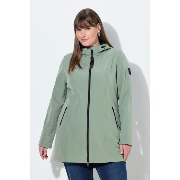 Damskie Długa kurtka softshell HYPRAR hydrofobowa trapezowy krój. Zielone kurtki sportowe Ulla Popken, plus size, bez wzorów, z elastanu, bez kaptura, trekkingowe. Za 479.99 zł.